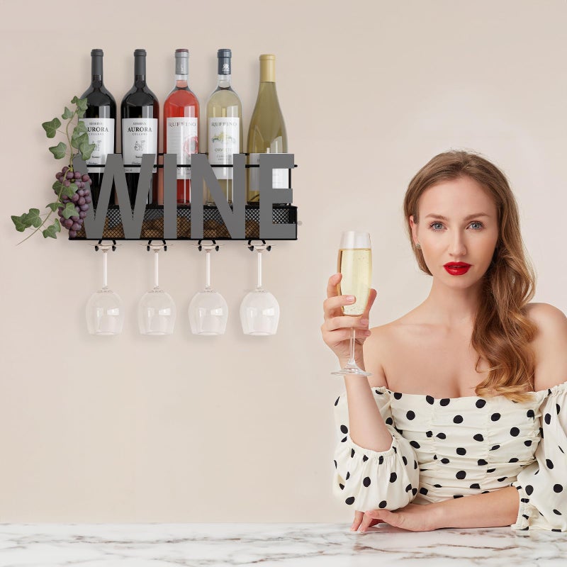 SODUKU Wall Mounted Metal Wine Rack - Wine Rack Wall Mount Wine Bottle Holder 4 Long Stem Glass Holder & Wine Cork Storage Wine - Image 2